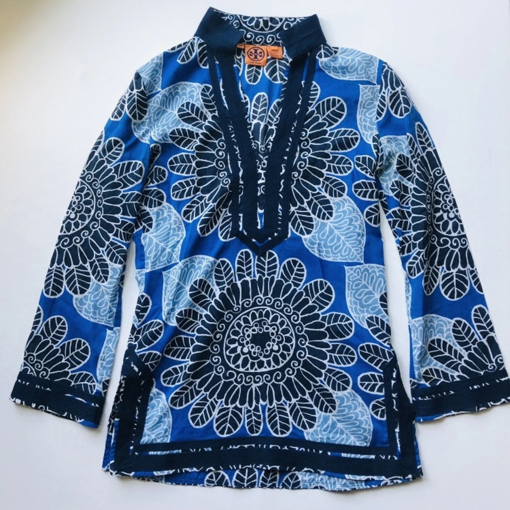 Tory Burch Blouse Long Sleeve Top Tunic Print 100% Cotton Size 4 V Neck